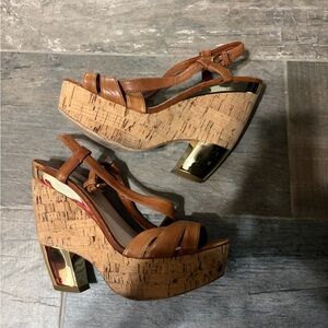Vintage Miu Miu Tan and Gold Wedge Sandals